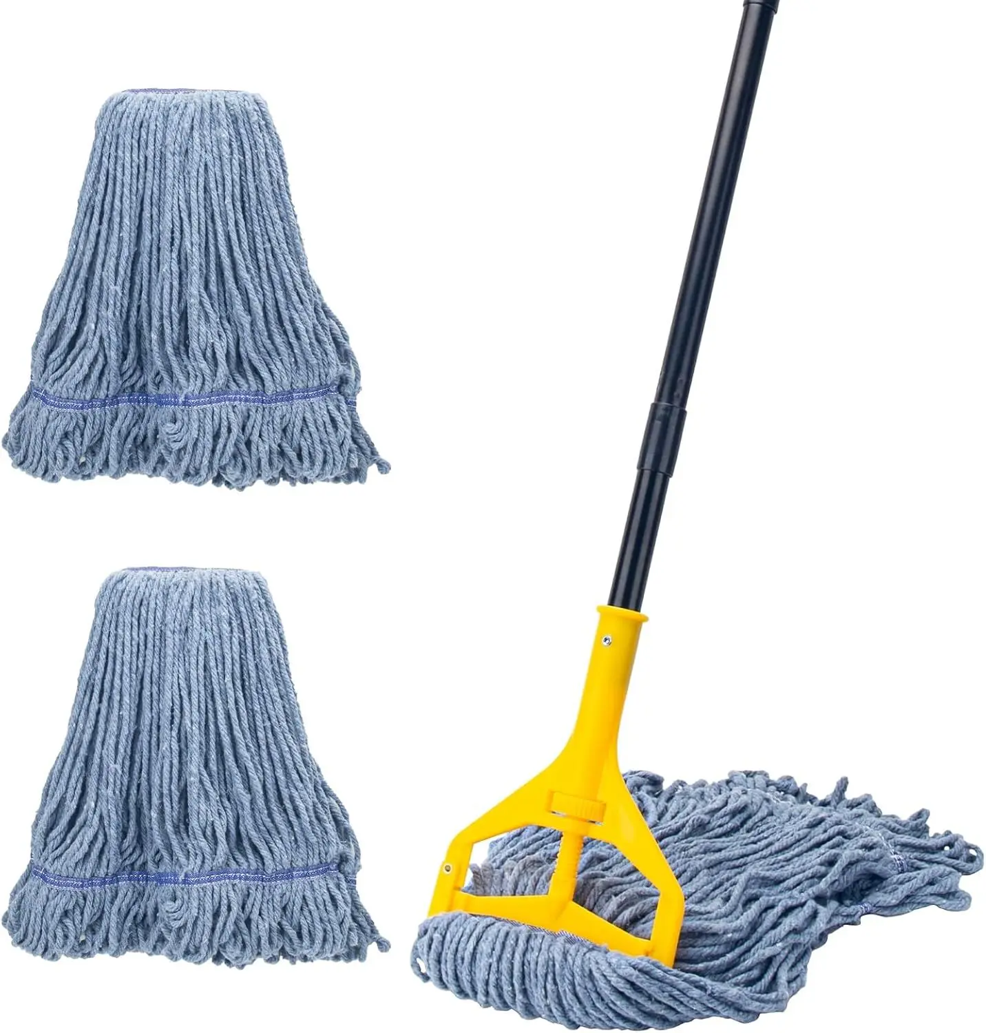 Commercial Industrial Cotton Wet Mop, 59" Heavy-Duty Looped-End Handle with 3 Extra-Large Reusable Replacement Heads, for Home Kitchen, Garage Tile Cleaning (Yellow)