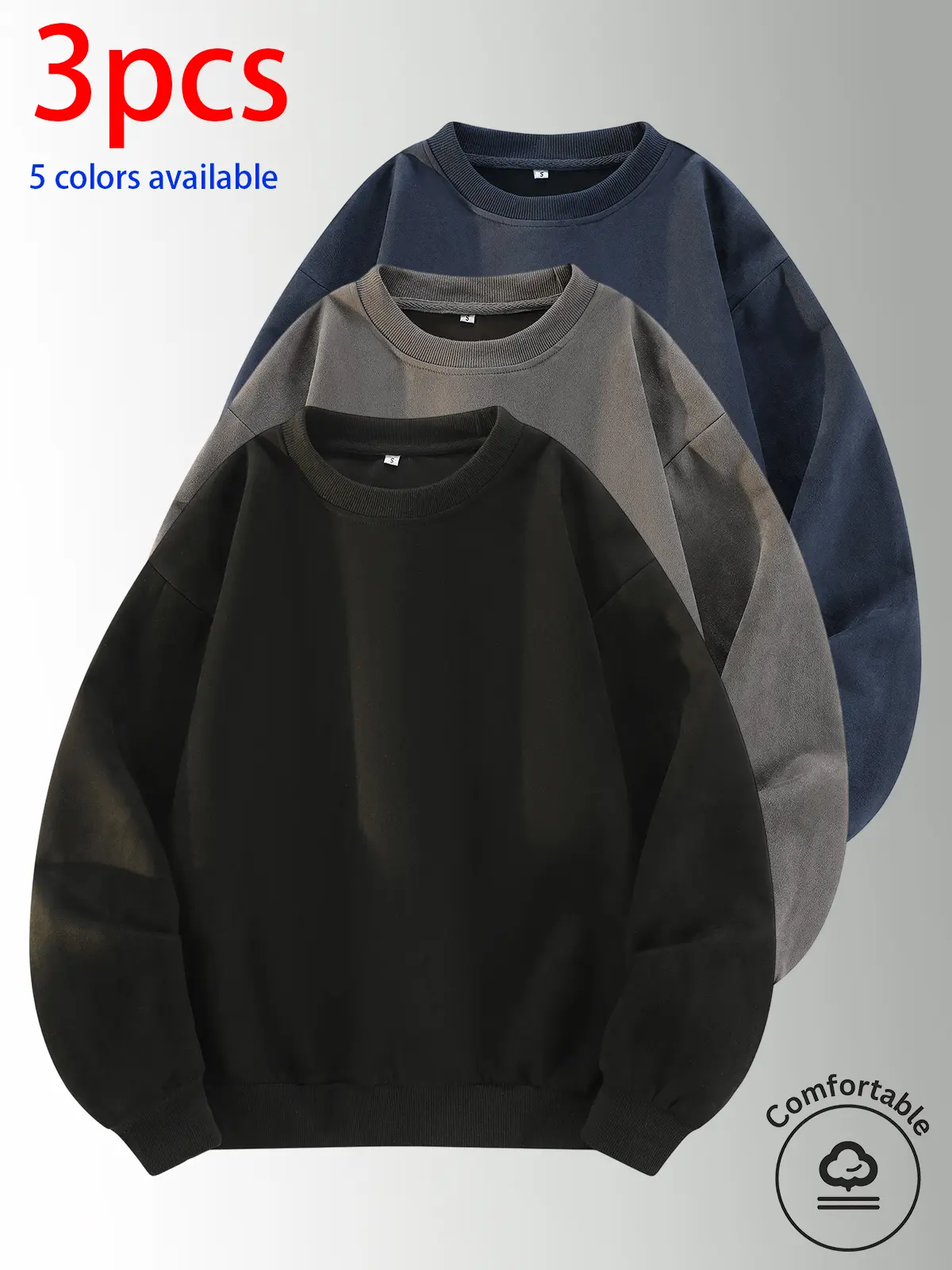 3-pack: men’s crewneck sweatshirt, men’s pullover sweatshirt.Loose, comfortable fit, no print design—simple and versatile for home, everyday casual wear, campus, and commuting to work.