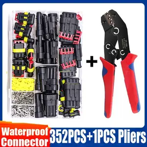352PCS of waterproof connector kit, automotive wire quick connector, automotive electrical wiring, automotive sealed socket, 1, 2, 3, 4-pin plug kit method+1PCS connector pliers