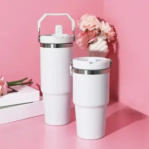 Stainless Steel Water Bottle with Flip Straw Lid Handle, Leak-Proof Dual-Wall Insulated Travel Cup Reusable Portable Drinkware Vacuum Insulated Tumbler