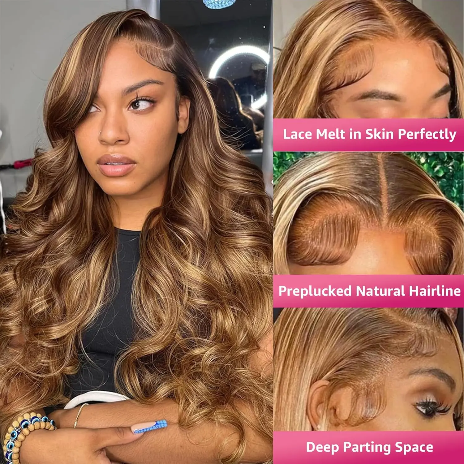 【Clearance Sale】 Honey Blonde Body Wave HD Transparent Lace Front Wig 13x4 HD Lace Virgin Human Hair with Baby Hair Ombre  P4/27 Highlight