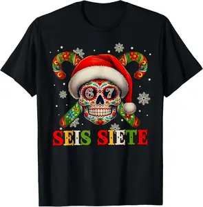 100% cotton Unisex Funny Sugar Skull SEIS Siete 67 Meme Six Seven in Spanish T-Shirt