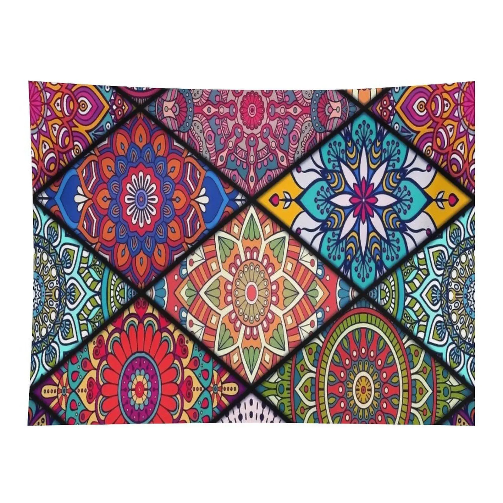 Boho Multicolor Diagonal Patchwork Mandala Tapestry - Floral-Geometric Tile Wall Hanging, Vibrant Symmetrical Flower Art Decoration for Home Decor for Wall, Room Decor Accent