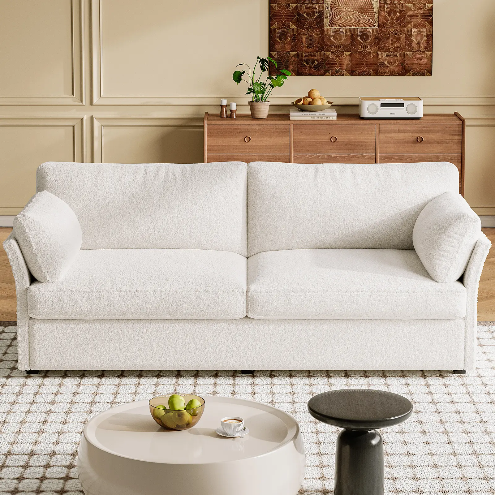 Guyii Beige Modern Upholstered Soft Loveseat Sofa - 70.07"w x 31.1"d x 33.46"h Upholstered Soft Couch, Solid 2-Seater Polyester Furniture, 2 Pillows, Compact, 330 LBS Capacity, for Living Room Bedroom Afternoon Naps, Easy Assembly, Family