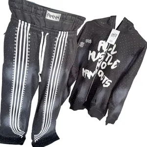 All Hustle Tracksuit - Black Hoodie & Pants Set with White Stripes Rhinestones and 'All Hustle No Handouts' Design