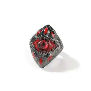18K Black Gold Plated Crimson Evil Eye Ring for Men, Gothic Punk Hip Hop Dark Romance Ring, Villain Energy Index Ring, Retro Biker Streetwear Jewelry, Scarlet Devil Eye Design, Masculine Luxury Fashion, Edgy Rockstar Style, Cool Gift for Boyfriend Husband