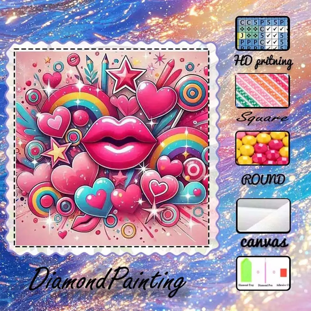DIY 5D flocking diamond painting kit, AB drill, fairy dust drill, crystal drill, lips, rainbow, heart-shaped diamond embroidery, special craft diamond art kit, wall decor, gift for family, loved ones, friends, Diamond Pattern Design.