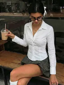 Women's Slim Fit Button Shirt, Collared, Y2K Street Style, Casual Everyday Top, Sexy College Girl Look, Summer Women's Blouse, Top, Long Sleeve, Plain Design, Womenswear