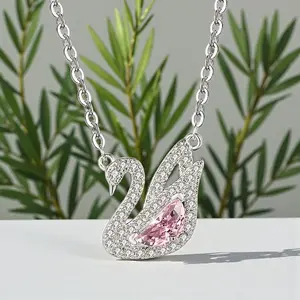 Sparkling Swan Necklace & Bracelet Set, Pink Crystal Pendant, Silver Alloy Matching Jewelry Gift for Her