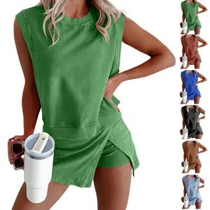 Jovenpara Women's 2 Piece Set Cotton Tank Top with Lined Split Athletic Skirt Casual Minimalist Sleeveless Suit for Daily Wear & Travel Summer Loungewear Womenswear Clothes Pajamas
