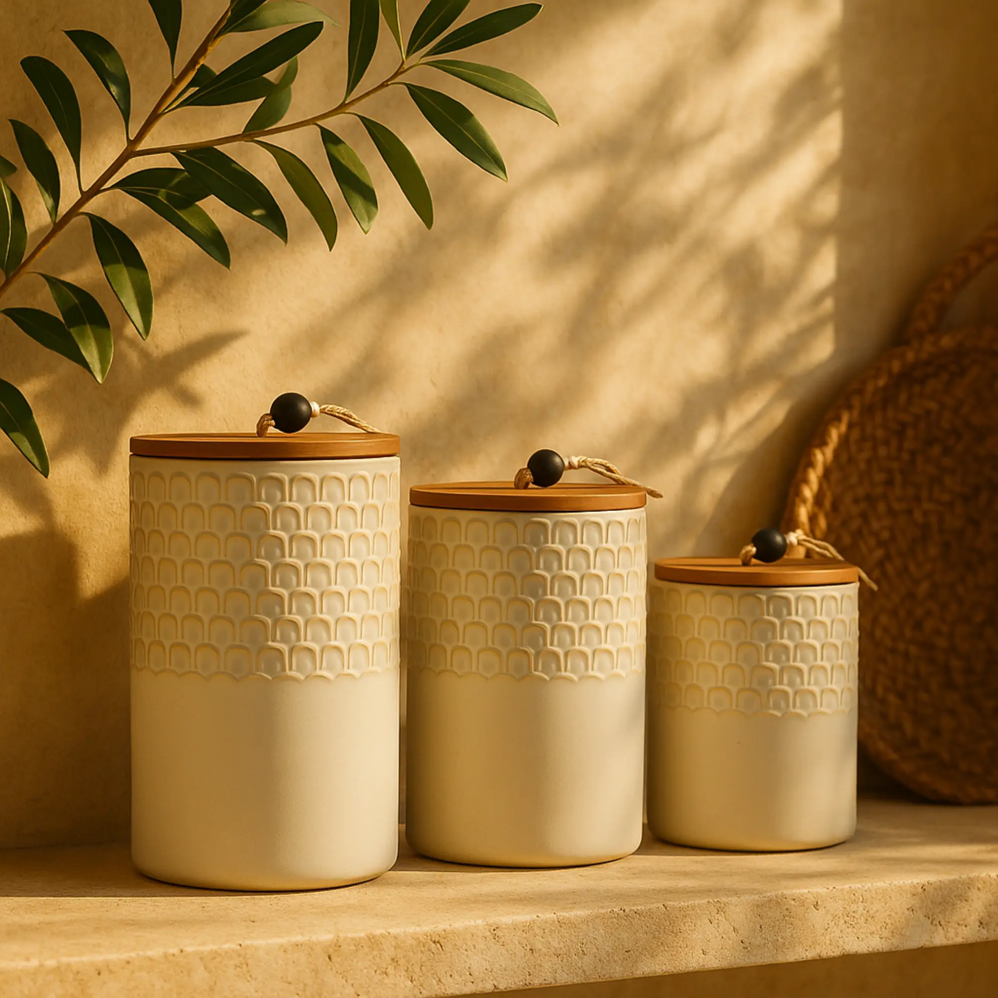 Farmhouse 3-Piece White Textured Ceramic Canister Set with Wood Lids, Black Beaded Accents - Silicone-Sealed Kitchen Storage Jars, Ideal Home Decor Gift for Living Room, Round