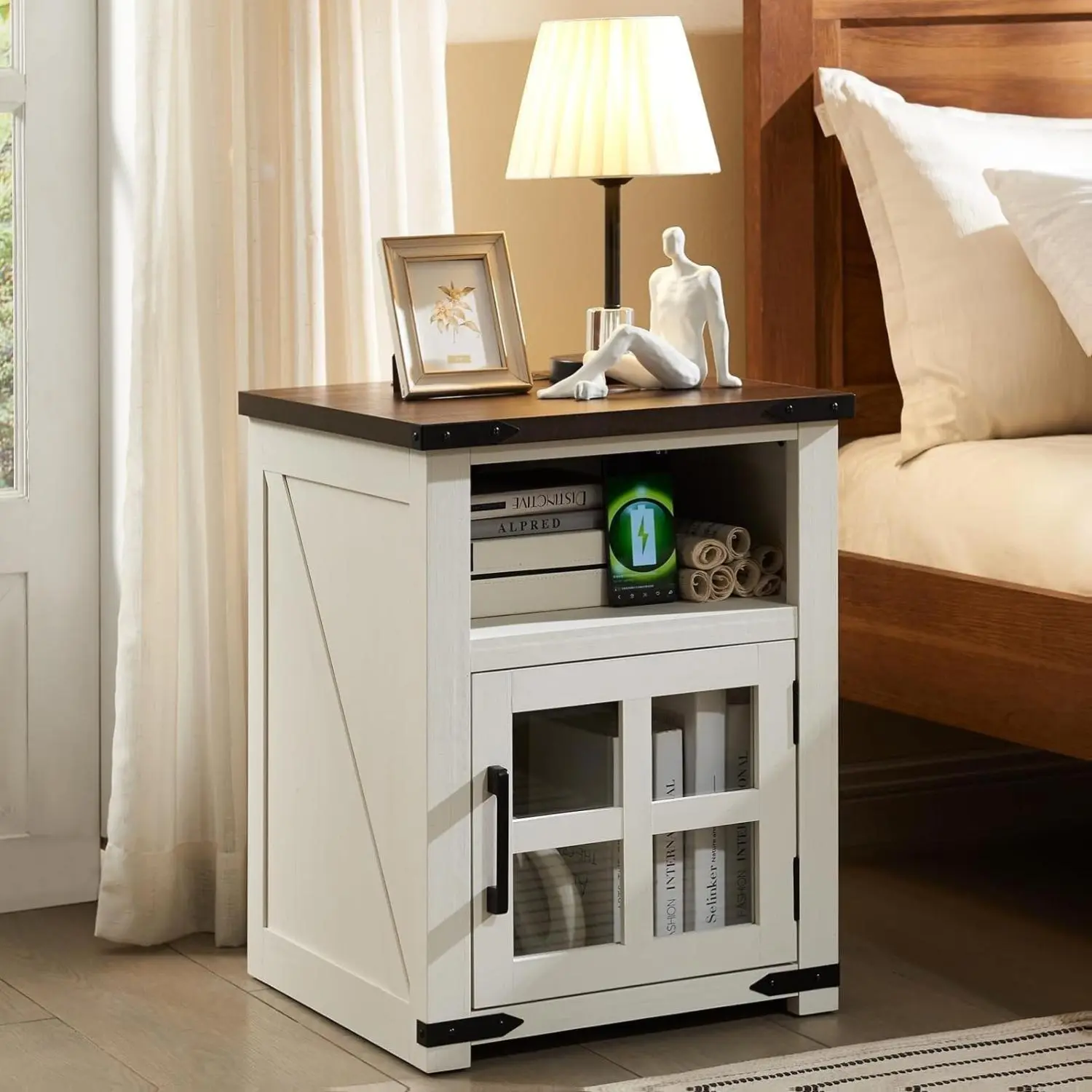 PieDle Farmhouse Nightstand with Charging Station, Rustic End Table with Tempered Glass Barn Door, Wood Sofa Side Bedside Table with Open Storage Shelf for Living Room, Bedroom