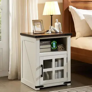 PieDle Farmhouse Nightstand with Charging Station, Rustic End Table with Tempered Glass Barn Door, Wood Sofa Side Bedside Table with Open Storage Shelf for Living Room, Bedroom