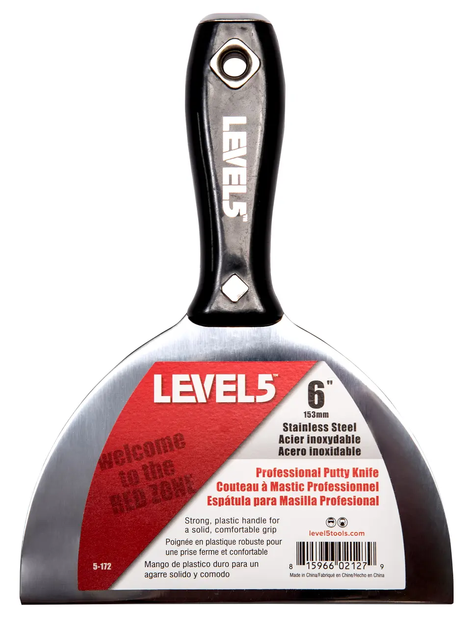 Level5 Tools 6 in. Putty Knife - Ergonomic Plastic Handle, Stainless Steel Blade, Hammer End for Drywall Patch Repair