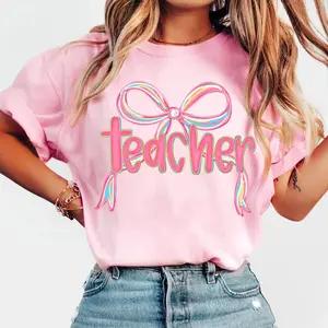 Pastel Rainbow Bow Teacher T-Shirt – Cute & Colorful Graphic Tee for Back to School, Perfect for Educators Who Love Fun Classroom Fashion, Teacher Coquette Outfits, Teachers Must Haves