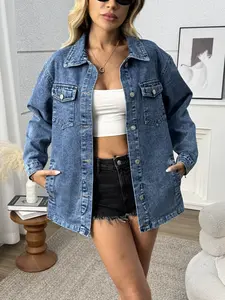 Women's Vintage Washed Denim Shirt Jacket, Chic Oversized Single Button Design, Multiple Pockets, Casual Daily Wear Outerwear Coats