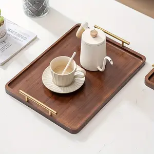 Bamboo Tea Tray with Right Angle Design, Rectangular Solid Wood Serving Tray with Handles for Tea Sets and Breakfast, Modern Chinese Style Decorative Tray for Living Room Home Use, Hotel Tea Table and Elegant Tea Gatherings