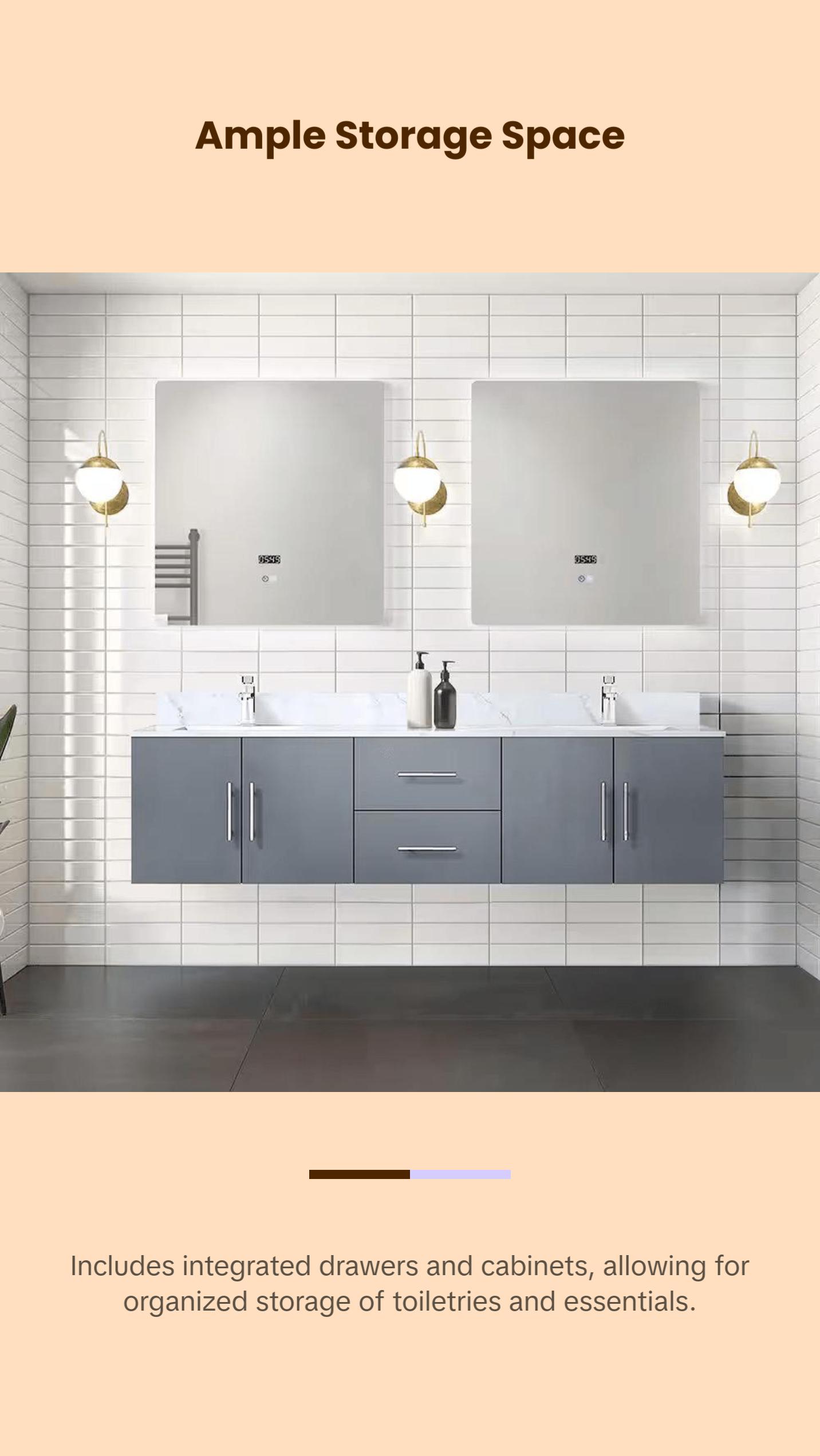 Geneva 72 In. Floating / Wall Mounted Dark Grey Bathroom Vanity With Double Undermount Ceramic Sink, White Carrara Marble Top