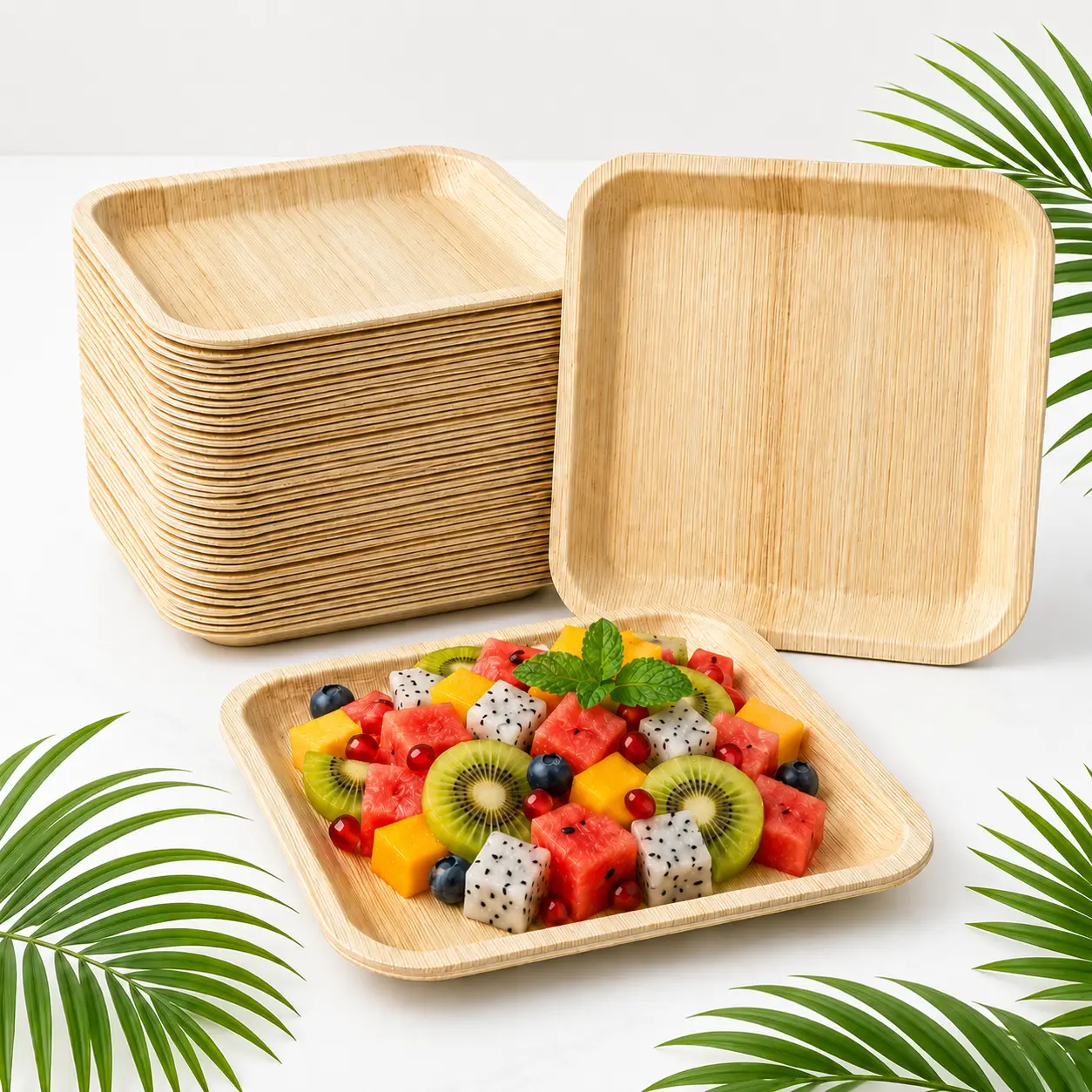 6in/10in Square Heavy-Duty Compostable Palm Leaf Plates & Cutlery Sets (50～300pc) - Toxin-Free, Plastic-Free, Rustic Bamboo Wood Disposable Compostable Plates for Parties, Snack Use, Party Plates