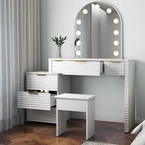 Large Size Glass & Wood Makeup Vanity Desk Set with Adjustable Light (3 Lighting Modes), Glass Tabletop, Power Outlet, 6 Drawers, Chair, Easy Setup Modern Indoor Bedroom Furniture