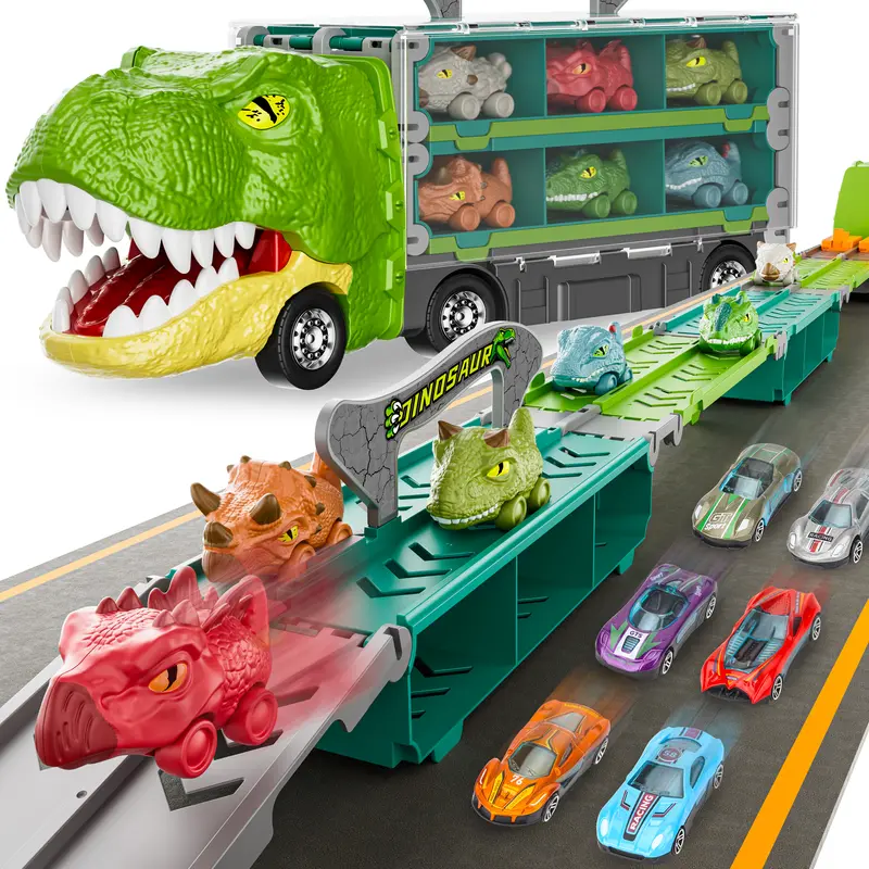 13-in-1 Dinosaur Truck Toy Set - Die-Cast, 6 Cars, 6 Trucks, Foldable Track, Dual-Player Racing, Durable Safe Transport Carrier, Car Ejection, Toddler Christmas Gifts, Little Boy Gifts, Things for Christmas Boys, Ages 3-7 Birthday Toy