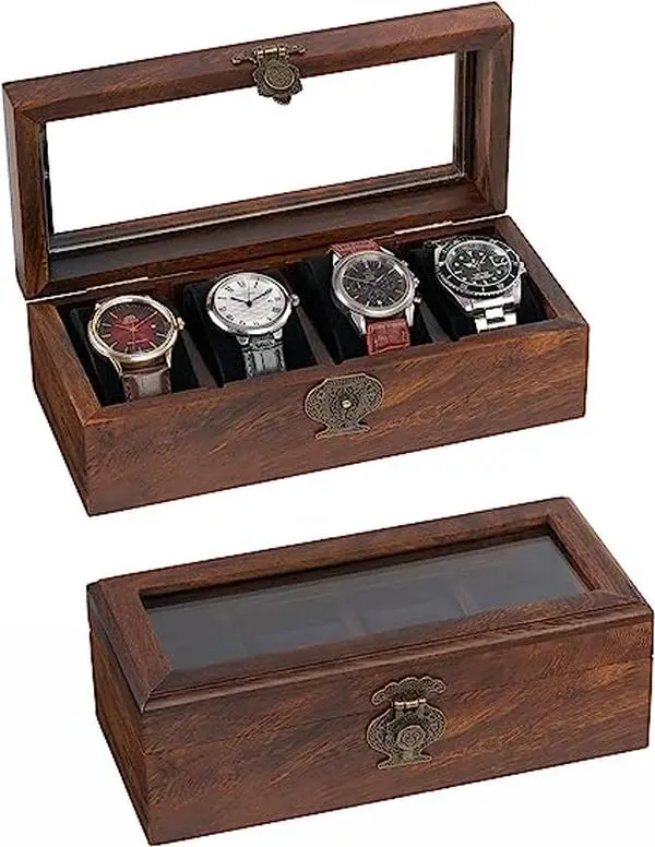 Bimoha 4 Slot Wooden Watch Box for Men - Personalized Storage Box with 4 Slots for Watches, Watch Display Case with Removable Pillows, Gift for Loved Ones, Jewelry Box, Gift Idea ( Style 2 )
