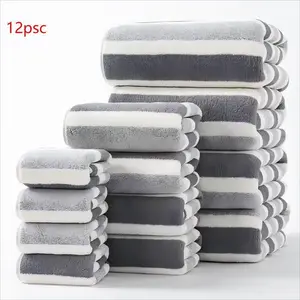 Striped Pattern Premium Towel Set, 1 Set Including 4 Counts Bath Towel & 4 Counts Hand Towel & 4 Counts Face Towel, Quick Drying Water Absorbent Towel for Home, Hotel & Spa, Absorbent Thickened Towels