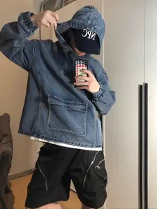 Men's Casual Pocket Design Plain Fashion Trendy Street Denim Sweatshirt Pullover, Stylish Jeans Hoodie for Everyday Wear, Comfortable and Trendy