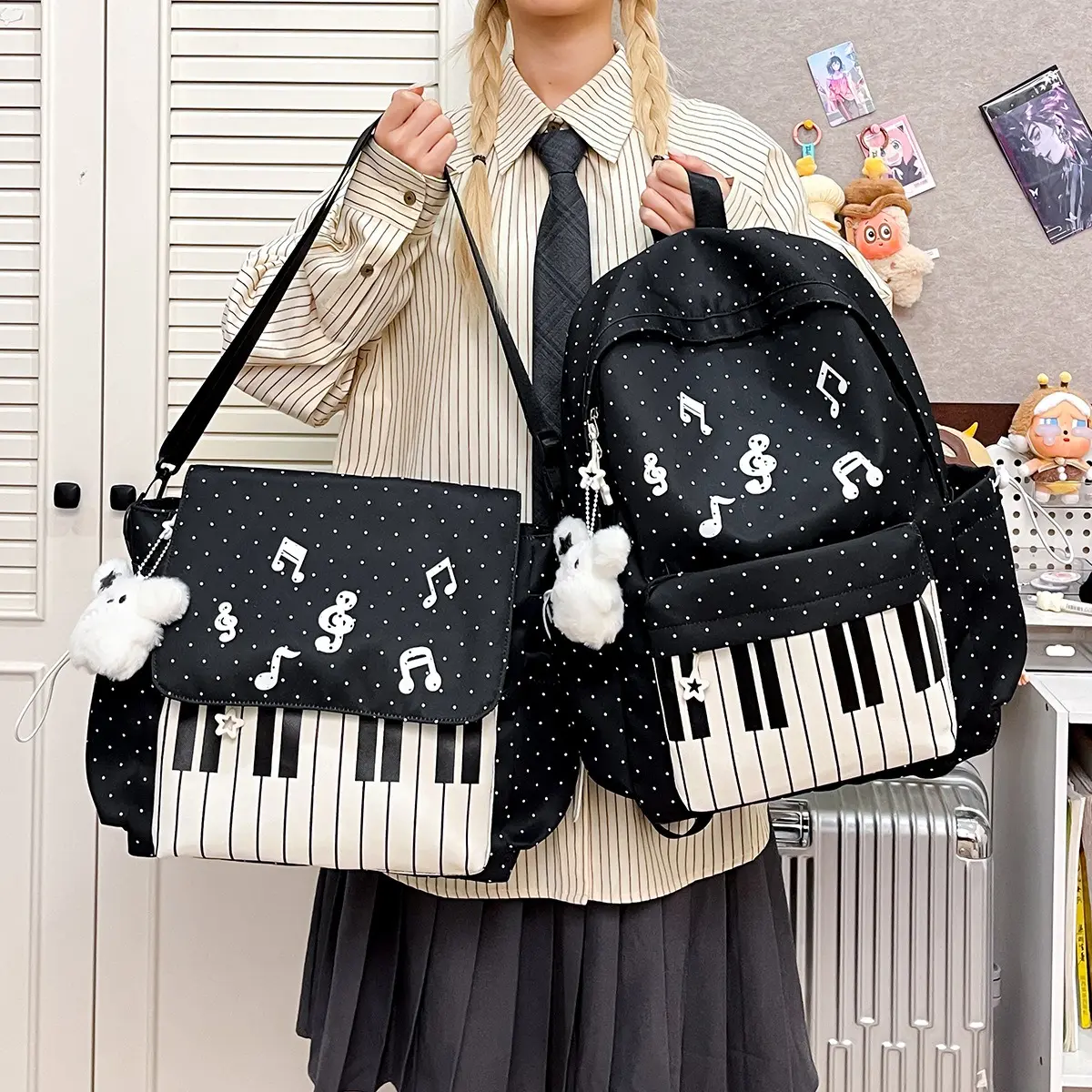 Minimalist yet stylish high school and college backpack for girls, featuring a unique piano-inspired design—trendy, eye-catching, and perfect for students.