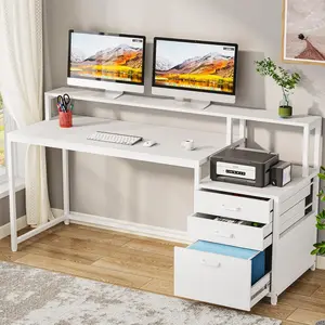 LITTLE TREE 63 Inch Computer Desk with File Drawer Cabinet, Ergonomic Office Desk with Monitor Stand, Computer Table with Printer Space, Wood PC Table Workstation Desk for Home Office