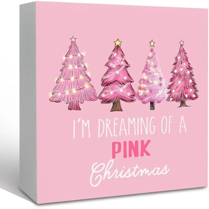 Pink Christmas Wooden Box Sign Novelty Desk Decor, Girly Cute Christmas Signs Decoration for Bathroom Girls Room, I'm Dreaming of a Pink Christams Shelf Desk Decor 5x5 Inch Indoor Home Decoration