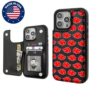 Custom Naruto Akatsuki Aesthetic Pattern Phone Case for iPhone 16/15/14/13/12 Plus Pro Max, TPU & PU Leather with Card Holder, Vintage Unique Fashion Shockproof Drop Protection Anti-Scratch Protector Cover