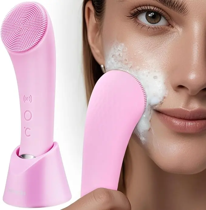 Facial Cleansing Brush, PRITECH Heatable Vibrating Face Scrubber with Massage, Silicone Face Scrubber for Women & Men, Electric Facial Cleanser for Deep Cleansing, Gentle Exfoliating (Pink)   SummerWins  DealsForYouDays