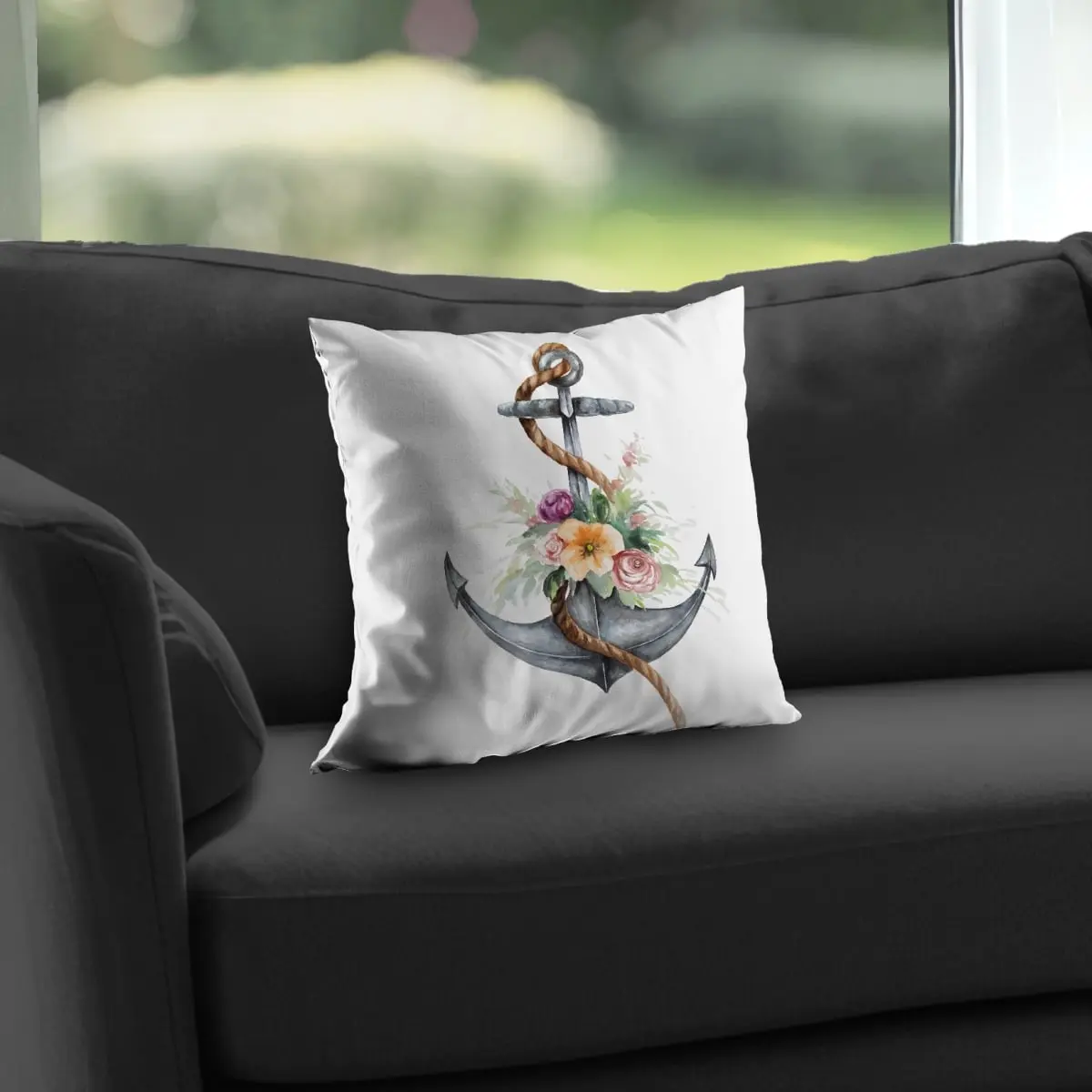360 Stand Anchor Throw Pillow, 14x14 in Poly Twill Fabric, Anchor Print with Floral Motif, Nautical Soft Furnishing for Home Decor, Nautical Look, 14 X 14 In, Boat Anchor With Flowers, Maritime Botany