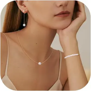 3PCS 14K Gold Plated Pearl Necklace Set for Women - Adjustable Choker, Bracelet, Drop Earrings - Dainty Wedding Jewelry