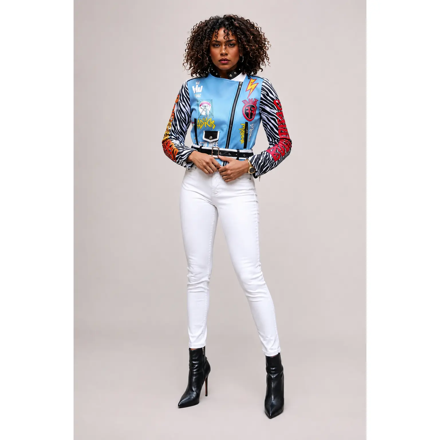 TALLY TAYLOR FOR HER NYC Women's Faux Leather Zebra-Print Moto Jacket with Embroidered Tiger Graphic & Lace-Up Sleeves 81762