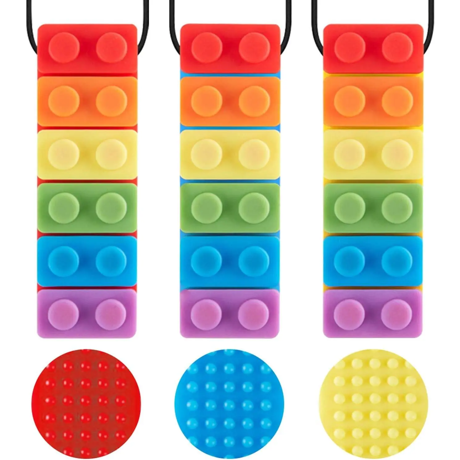 FN29 3-Pack Unisex Silicone Building Block Shape Sensory Chew Necklaces - 0.7 oz Each, Oral Motor Sticks for Autism/ADHD Biting Needs, Gum-Friendly Teethers (Not for Aggressive Chewers), Blocks, Chewables, 0.7 Ounce Each