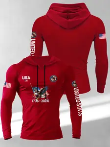 Men's Hooded Long Sleeve T-Shirt, Casual Fitted Style, Eagle Flag Graphic Design, Comfortable Daily Wear, Spring & Fall Fashion
