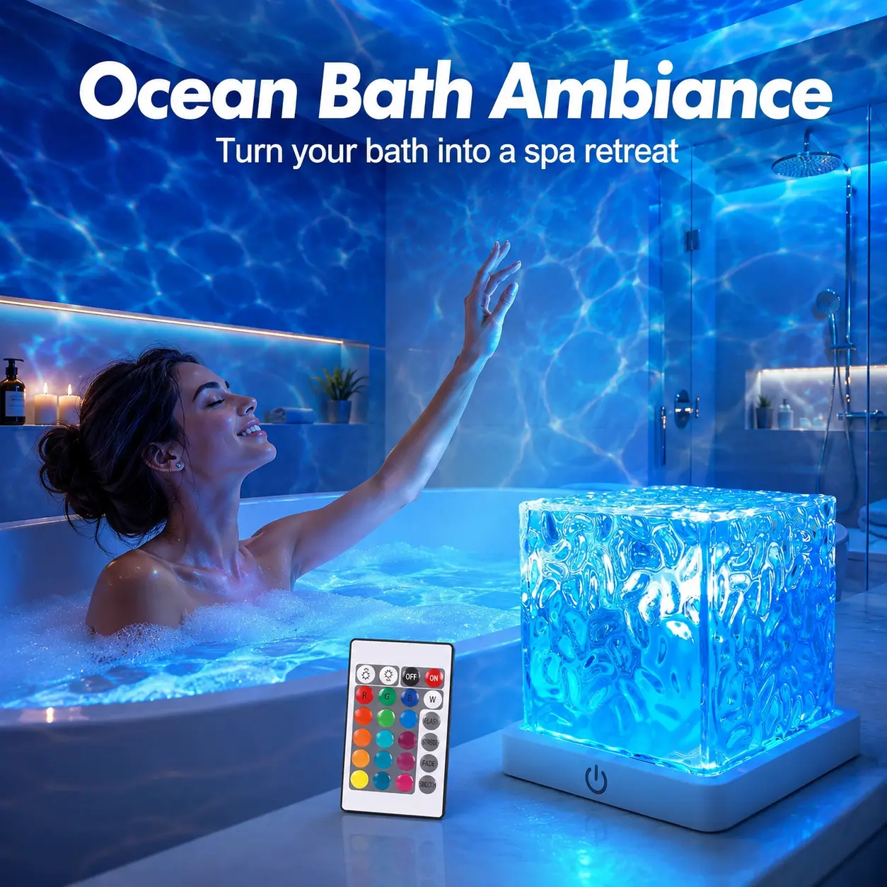 Dimmable Waterproof Shower Lamp with Remote, 16-Color Changing RGB Projectors, Rechargeable No-Wiring Adjustable Atmosphere Light, Rotating Flame Water Ripple Ocean Wave for Bathroom Bedroom Decor