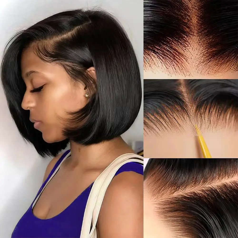 Ramiss Hair Bob 13x4 HD Lace Front Lace front human hair Silky Straight Wig Natural Black Deep Part Lace Glueless Human Hair Pre Plucked with Natural Hairline