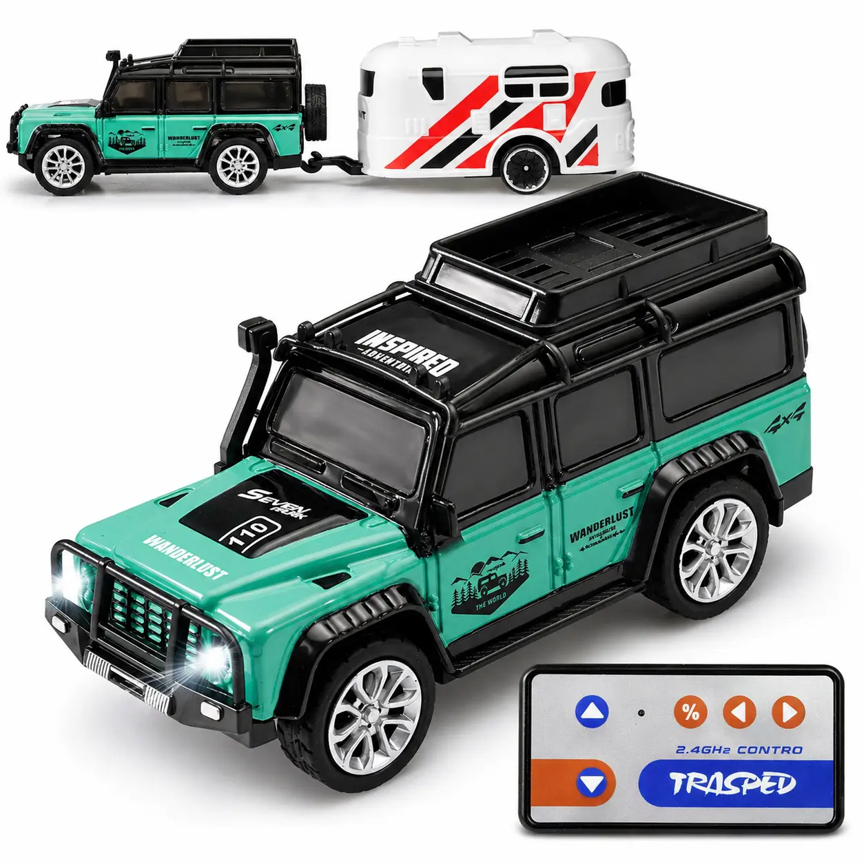 Remote Control Car with Trailer for Kids, 2.4GHz RC SUV Toy with Camper Trailer, Speed Control, Light Effects, Small Portable Remote Car Toy for Boys Girls
