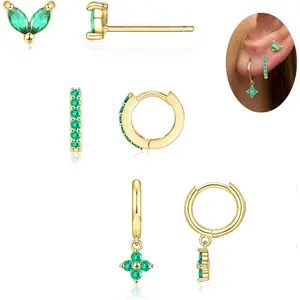 Triple Sided Cz Gold Plated Birthstone Earrings Set Hypoallergenic Dainty Hoops for Multiple Piercings & Cartilage Women's Birthday Gift Non Tarnish Jewelry Cubic Zirconia