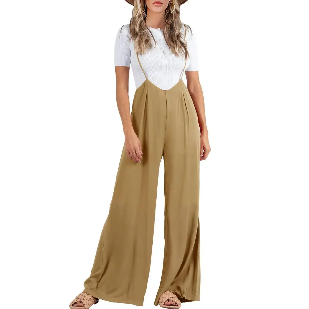 Goranbon Women's Adjustable Suspender Overalls - High-Waist, Loose, Sleeveless, Wide-Leg Jumpsuit with Spaghetti Straps, Sun-Protective Garment for Women (Pair with Hat, Sweater)
