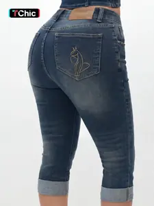 Women's Fitted Capri Denim Jeans Pants, Fashionable High-Stretch Comfort-Wash Denim with Embroidered Pockets, Casual All-Season Style