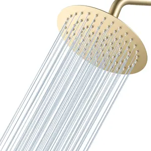 8 Inch Brushed Gold Round Rainfall Shower Head, All Metal Stainless Steel Rain Shower with 90 Anti-Clog Silicone Nozzles, Support Wall or Ceiling Mount