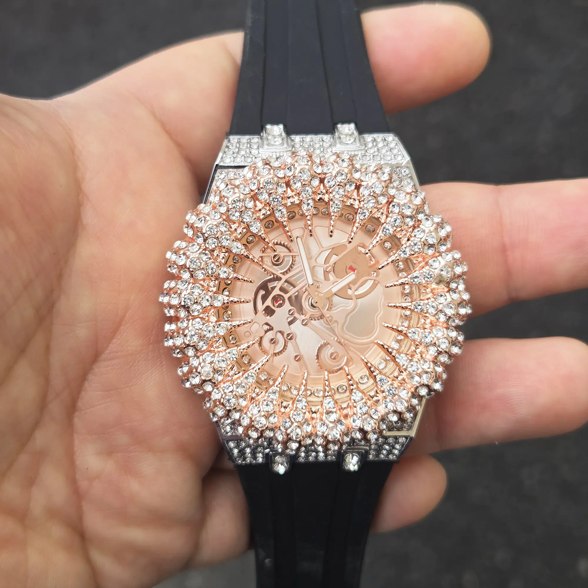 MaxBling81 Men's Watch, Iced Out Thorned Bezel with Simulated Diamonds, 45mm Round Face Alloy Case, Black Silicone Strap, Water Resistant Quartz Movement, Buckle, None, Trendy Look