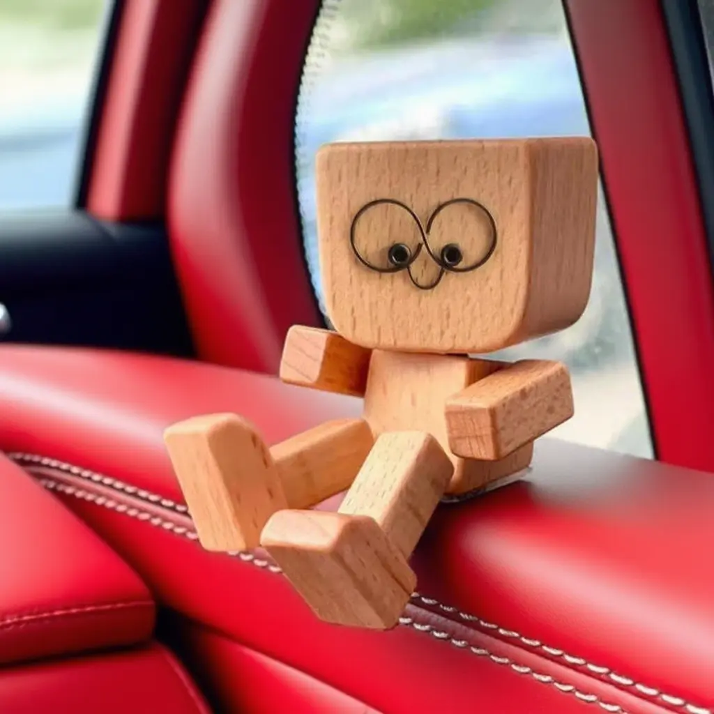 Magnetic Wooden Car Figurine with Shaking Legs - 12 Different Expressions, Easy Placement Trinket, Car Dashboard Decorations, Interior Accessories for Vehicles, Aesthetic Car Accessory, Car Interior Ornaments