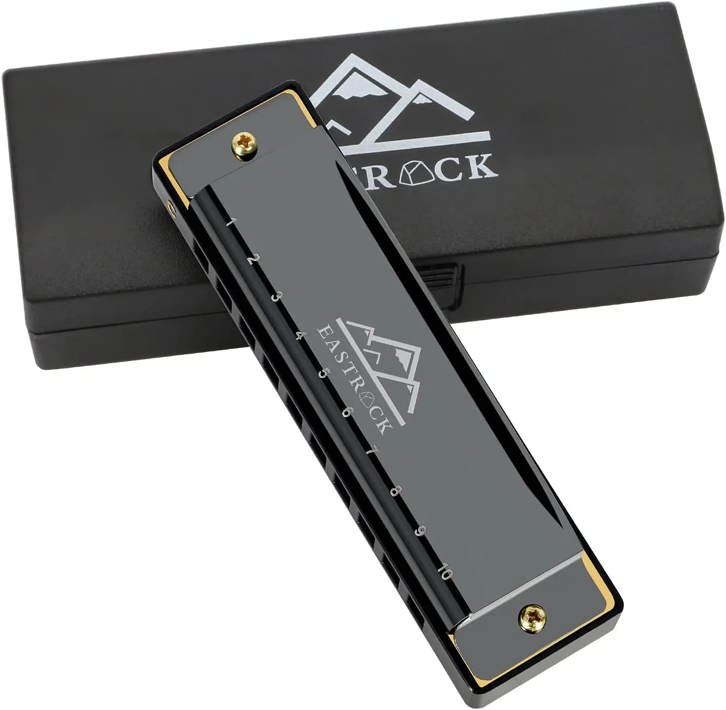 EastRock 10 Hole Blues Harmonica C Key Black with Case for Adults Beginner | Diatonic Mouth Organ Phosphor Bronze Reeds and Metal Cover Plate for Professional Students Adult Friends Gift