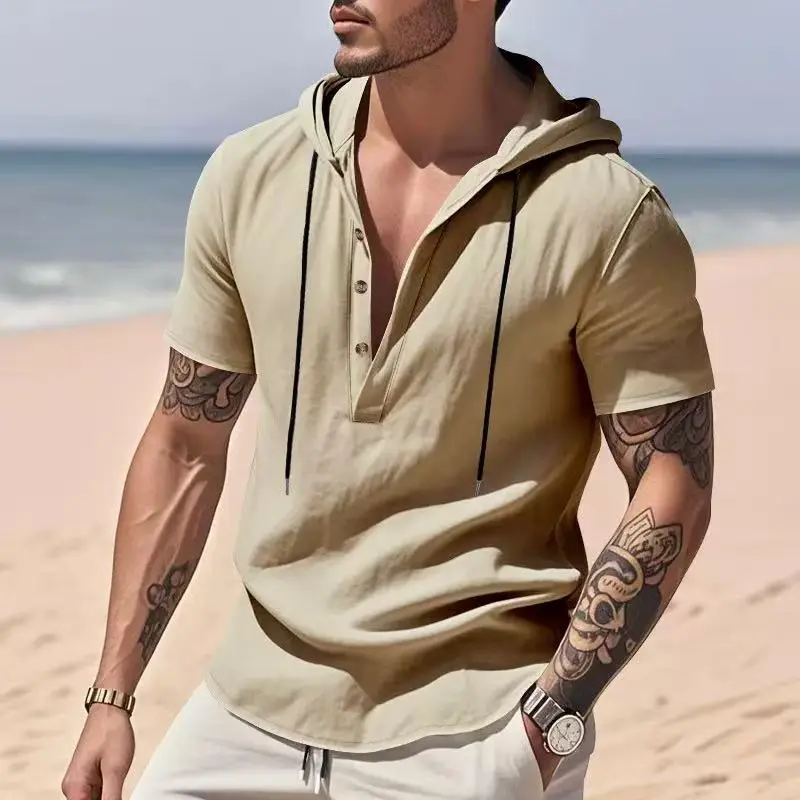 Men’s short-sleeve Henley shirt with a cap featuring drawstring hood, casual top with three-button front placket design, lightweight and breathable summer beach pullover.