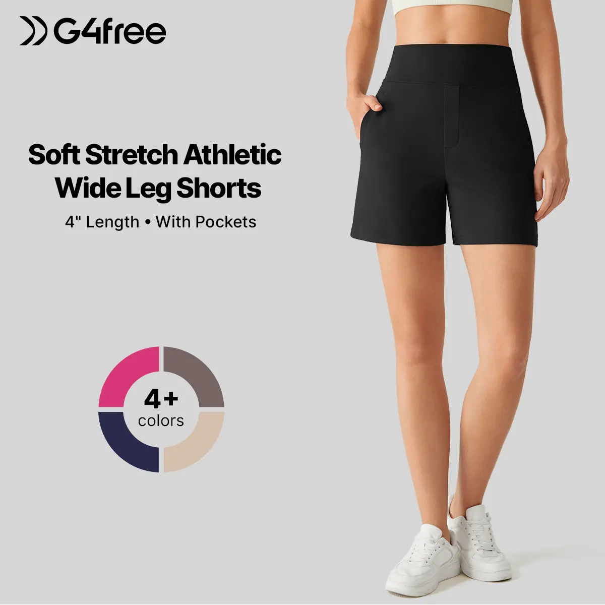 G4Free EverGoing Women's High-Waisted 4'' Elastic Waist Gym Workout Above Knee Shorts, Summer Casual Running Yoga Shorts with Pockets, Gym Workout Shorts